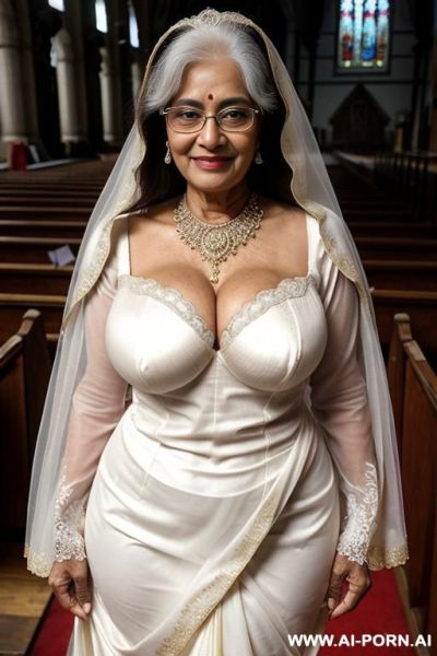 Bangladesi gilf, full shot of a nerdy, (big eyes), 20 year old, smiling, ((massive sagging breasts)), standing in a church, wearing an intricate wedding dress, showing cleavage, showing breasts - ai-porn.ai on pornintellect.com