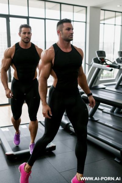 A hyper-muscular gay man wearing a tight spandex bodysuit enters the gym and walks tods the treadmill - ai-porn.ai on pornintellect.com