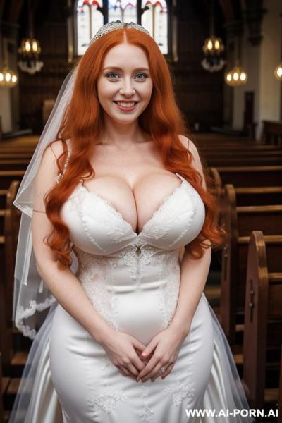 Full shot of a nerdy, (big eyes), 20 year old, smiling, ((massive sagging breasts)), (very long fluffy strawberry blonde hair), standing in a church, wearing an intricate wedding dress, showing cleavage, showing breasts, showing pussy - ai-porn.ai on pornintellect.com