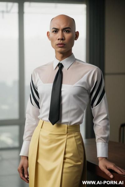 Full-length perfect androgynous bald 1woman, thai high, man chest, masculine chest, transparent thai uniform, the hairstyle is bald, the triangular facies, the long swanneck, the slender tubby body, - ai-porn.ai - Thailand on pornintellect.com