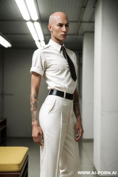 Full-length perfect androgynous bald 1woman, thai high, man chest, masculine chest, thai uniform, the hairstyle is bald, the triangular facies, the long swanneck, the slender body, white uniform - ai-porn.ai - Thailand on pornintellect.com