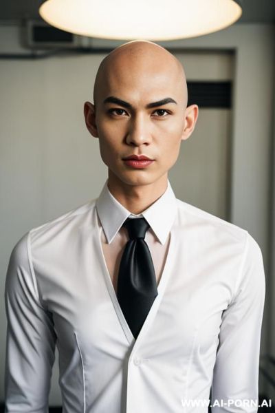 Full-length perfect androgynous bald 1woman, thai high, man chest, masculine chest, thai uniform, the hairstyle is bald, white uniform shirt, loose striped necktie, indoor background, natural light, gy style, atompunk - ai-porn.ai - Thailand on pornintellect.com