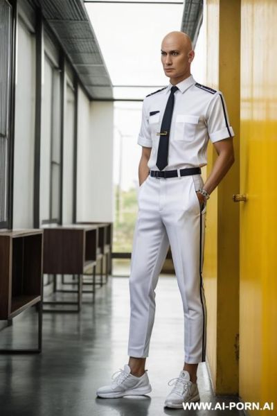 Full-length perfect androgynous bald 1woman, thai high, man chest, masculine chest, thai uniform, the hairstyle is bald, white uniform shirt, loose striped necktie, wide thighs, yellow sci-fi sneakers - ai-porn.ai - Thailand on pornintellect.com