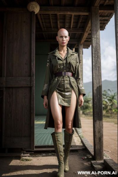 Androgynous bald slender lanky woman in the strange sci-fi military brasilian dress, long nightgown - ai-porn.ai on pornintellect.com