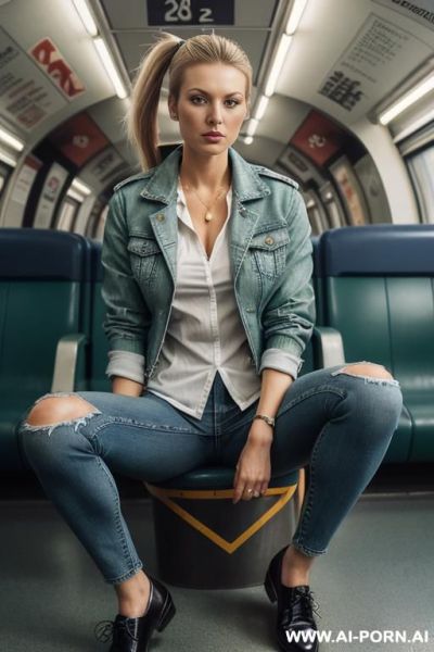 Straight blue jeans, green racer jacket, oxford shoes - ai-porn.ai on pornintellect.com