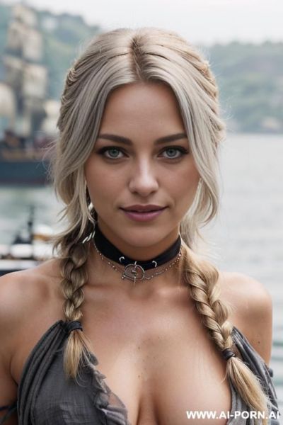 ((topless pirate)), ((natural plump breasts), (pretty face), (wide hips), (soft seductive smile), (sheer mesh), (choker), (no top), (topless), (scenic background), (overcast day), (even lighting), (light tan) - ai-porn.ai on pornintellect.com