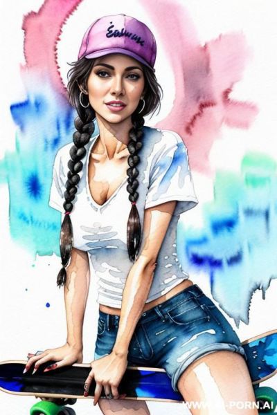 ((((at the street)))) ((((skate board)))) ((((image comic-drawing watercolor style)))) down level shot boobs in closedup ((((seductive gaze)))) from behind pretty japanese woman full lips smile shocked - ai-porn.ai - Japan on pornintellect.com