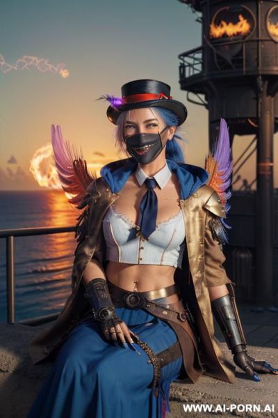 ((((masterpiece)))), (((woman sitting))), (glowing red eyes), (long blue purple and white hair with a flower), ((crop top white collar shirt with red tie)), ((((flaming angel wing)))), ((navy formal - ai-porn.ai on pornintellect.com