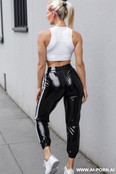 Milf, white top, black shiny pants, white sneakers, ((spreading legs)), twerking - ai-porn.ai on pornintellect.com