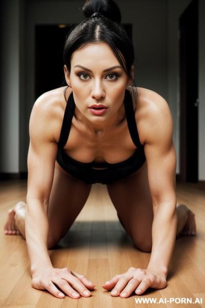 Woman, big lips, long black hair, ponytail, face, , athletic body type, medium sized round tits, naked on the hallway, - ai-porn.ai on pornintellect.com