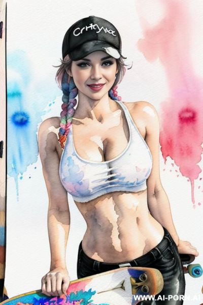 ((((at the street)))) ((((skate board)))) ((((image comic-drawing watercolor style)))) down level shot boobs in closedup, (((( gaze)))) pretty italian woman full lips smile bending over standing on - ai-porn.ai - Italy on pornintellect.com