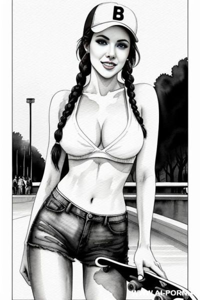 ((((at the street)))) ((((skate board)))) ((((image comic-drawing watercolor style)))) down level shot boobs in closedup, (((( woman)))) pretty italian woman full lips smile bent over standing on sexy - ai-porn.ai - Italy on pornintellect.com