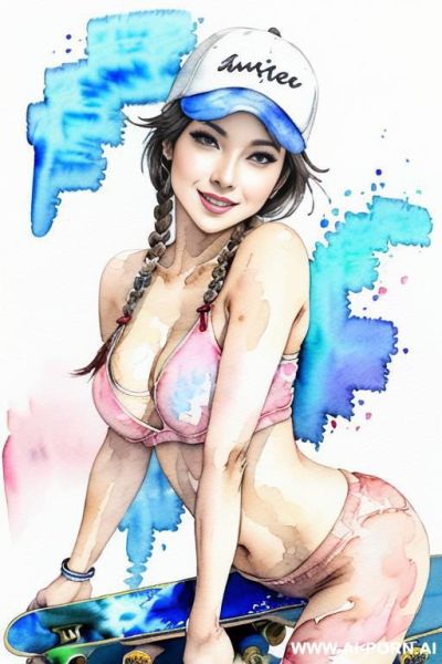((((at the street)))) ((((skate board)))) ((((image comic-drawing watercolor style)))) down level shot boobs in closedup (((( gaze)))) pretty japanese woman full lips smile bending over sitting on , - ai-porn.ai - Japan on pornintellect.com