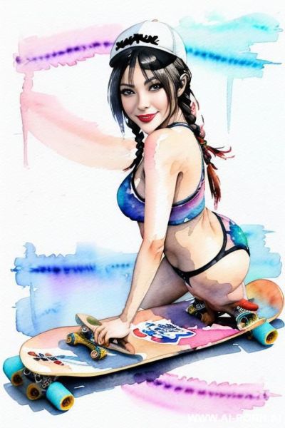 ((((skate board)))) ((((image comic-drawing watercolor style)))) (((( gaze)))) pretty japanese woman full lips smile bending over sitting on , short fitted low-rise panties, huge eyes, muscle fit , - ai-porn.ai - Japan on pornintellect.com