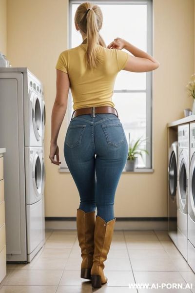 Brown flats long boots, light-yellow t-shirt, straight light-blue jeans, belt, ((spread legs)), twerking, lean, full body view - ai-porn.ai on pornintellect.com
