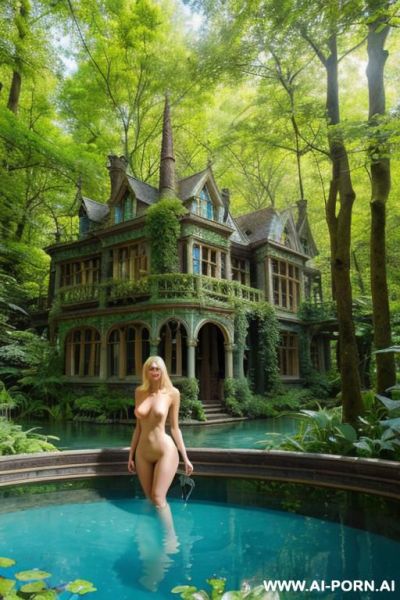 Nude naked sexy blonde in fantasy overgrown intricate steampunk glass mansion beautiful garden forest azure lake summer clear blue sky - ai-porn.ai on pornintellect.com