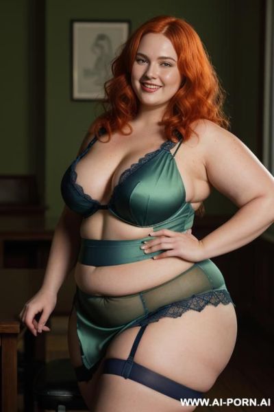 ((half body photo shot close up)). a ((british obese fat bbw redhead)), ((thick with love handless)). ((wearing a orange sexy and hot garter belt lingerie, and a dark-blue ruffle silk micro-skirt)). she is smiling - ai-porn.ai - Britain on pornintellect.com