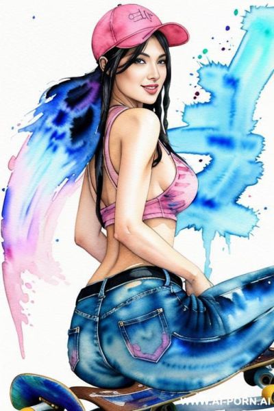 ((((at the street)))) ((((skate board)))) ((((image comic-drawing watercolor style)))) down level shot boobs in closedup ((((seductive gaze)))) from behind pretty japanese woman full lips smile shocked - ai-porn.ai - Japan on pornintellect.com