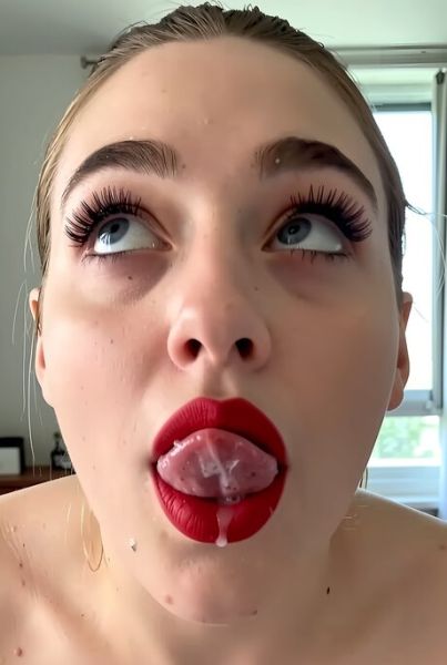 Busty girl with red lips receives open mouth facials in POV mode - pornpics.com on pornintellect.com