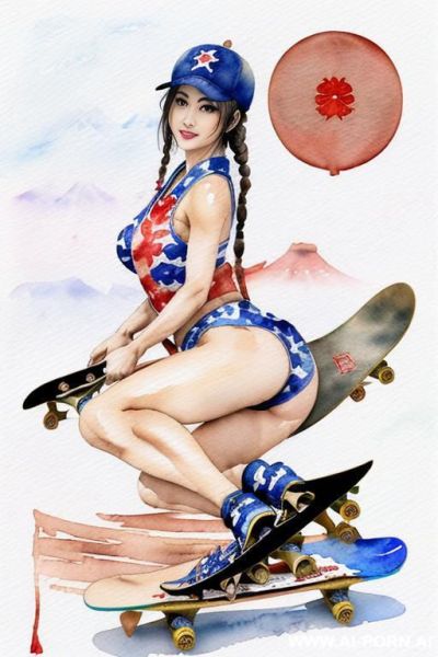 ((((landscape old japan flag)))) ((((skate board)))) ((((image comic-drawing watercolor style)))) down level shot boobs in closedup (((( gaze)))) pretty japanese woman full lips smile bending over - ai-porn.ai - Japan on pornintellect.com
