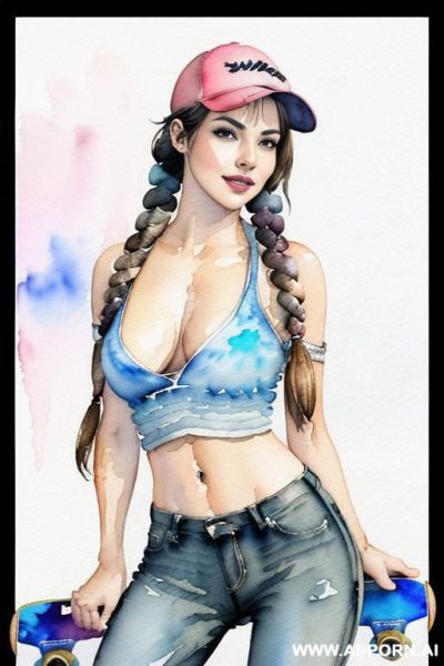 ((((at the street)))) ((((skate board)))) ((((image comic-drawing watercolor style)))) down level shot boobs in closedup, (((()))) ((((seductive gaze)))) pretty italian woman full lips smile bending over - ai-porn.ai - Italy on pornintellect.com