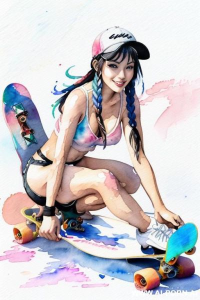 ((((skate board)))) ((((image comic-drawing watercolor style)))) (((( gaze)))) pretty japanese woman full lips smile bending over lying on , shorts fitted low-rise panties, muscle fit , braids brunette - ai-porn.ai - Japan on pornintellect.com