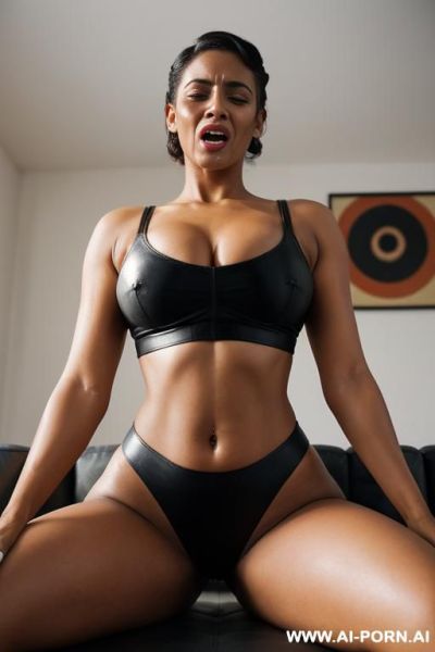 A woman kneels on a bedroom floor, open mouth with cum in mouth, open mouth, cum dripping on chin, cum on lips, mouthful of cum, close-up view from below, morning light. detailed eyes - ai-porn.ai on pornintellect.com