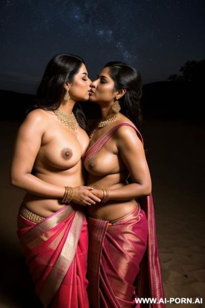 Indian devote pudgy full naked female with shaved vagina is kissed by an indian queen in a traditional sari under the stars - ai-porn.ai - India on pornintellect.com