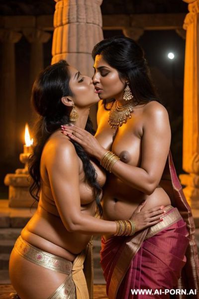 Ancient indian devote pudgy full naked female with shaved vagina is kissed by an ancient indian queen in a traditional sari under the stars - ai-porn.ai - India on pornintellect.com
