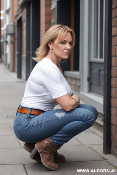 Milf, bootcut blue jeans, belt, white t-shirt, brown short flats boots - ai-porn.ai on pornintellect.com