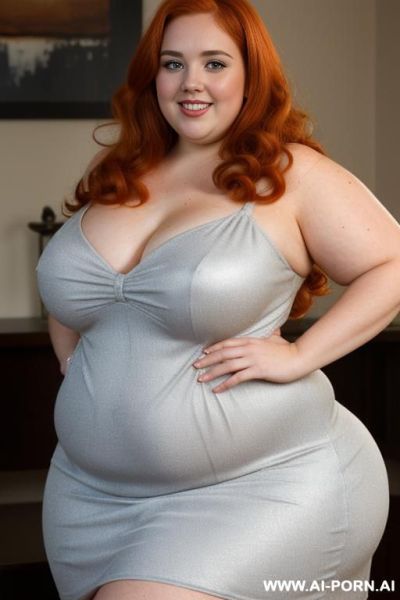 Half body photo shot close up. a ((british obese fat bbw redhead)), ((thick with some love handless and tummy)). ((wearing a nigth elegant very micro dress and hot form)). she is smiling - ai-porn.ai - Britain on pornintellect.com
