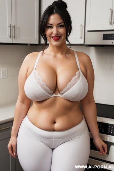 Milf neighbor, enormous gigantic oversized heavy round m cup boobs, open white button shirt with deep cleavage, happy confident friendly inviting seductive smirk, full plump puckered oversized lips - ai-porn.ai on pornintellect.com