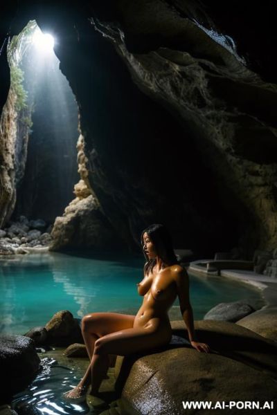 Dark lighting, night, a mysterious woman, nude, naked, sitting on a big rock in middle of a natural onsen, in a cave, light reflecting from water illuminating her body, shiny scaly skin like a fish woman, thick toned legs - ai-porn.ai on pornintellect.com