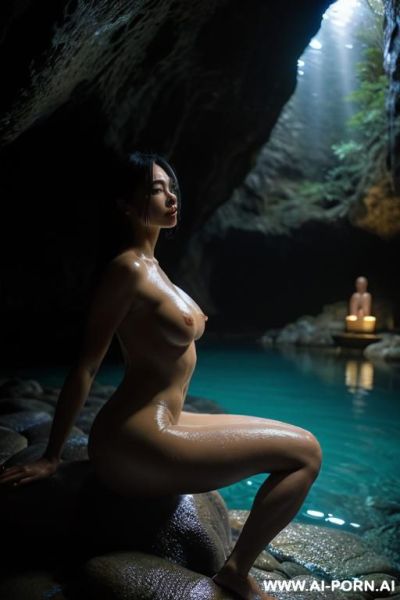 Close up shot, dark lighting, night, a mysterious woman, nude, naked, sitting on a big rock in middle of a natural onsen, in a cave, light reflecting from water illuminating her body, shiny scaly skin like a fish woman, thick toned legs - ai-porn.ai on pornintellect.com