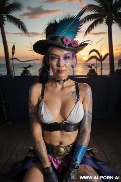 ((((masterpiece)))), (((woman sitting))), (glowing red eyes), (long blue purple and white hair with a flower), ((crop top white collar shirt with red tie)), ((((flaming angel wing)))), ((navy formal - ai-porn.ai on pornintellect.com