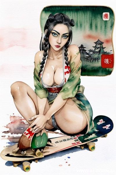 ((((landscape old japan flag)))) ((((skate board)))) ((((image comic-drawing watercolor style)))) down level shot boobs in closedup ((((green huge eyes)))) ((((gaze)))) pretty japanese woman full lips - ai-porn.ai - Japan on pornintellect.com