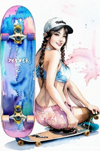 ((((skate board)))) ((((image comic-drawing watercolor style)))) (((( gaze)))) pretty japanese woman full lips smile bending over lying on , shorts fitted low-rise panties, muscle fit , braids brunette - ai-porn.ai - Japan on pornintellect.com