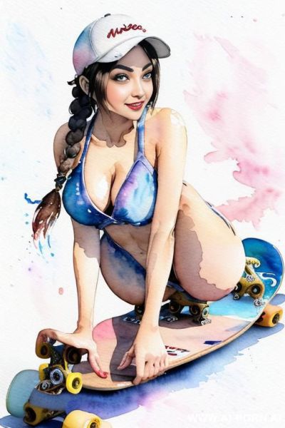 ((((skate board)))) ((((image comic-drawing watercolor style)))) (((( gaze)))) pretty japanese woman full lips smile bending over sitting on , short fitted low-rise panties, ((((huge eyes)))), muscle fit - ai-porn.ai - Japan on pornintellect.com