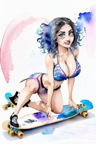 ((((skate board)))) ((((image comic-drawing watercolor style)))) ((((huge eyes)))) ((((huge tits)))) pretty japanese woman full lips smile bending over knees on , shorts fitted low-rise panties, muscle - ai-porn.ai - Japan on pornintellect.com