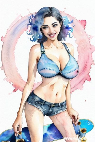 ((((skate board)))) ((((image comic-drawing watercolor style)))) ((((huge eyes)))) ((((huge tits)))) pretty japanese woman full lips ((((huge smile)))) standing on sexy pose , denim shorts fitted low-rise - ai-porn.ai - Japan on pornintellect.com