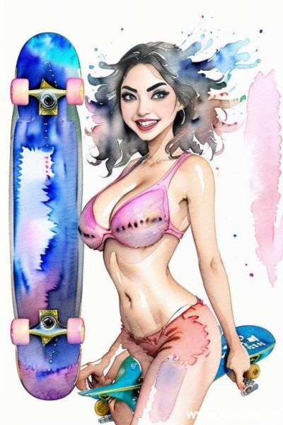 ((((skate board)))) ((((image comic-drawing watercolor style)))) ((((huge eyes)))) ((((huge tits)))) pretty japanese woman full lips ((((huge smile)))) standing on sexy pose , shorts fitted low-rise - ai-porn.ai - Japan on pornintellect.com