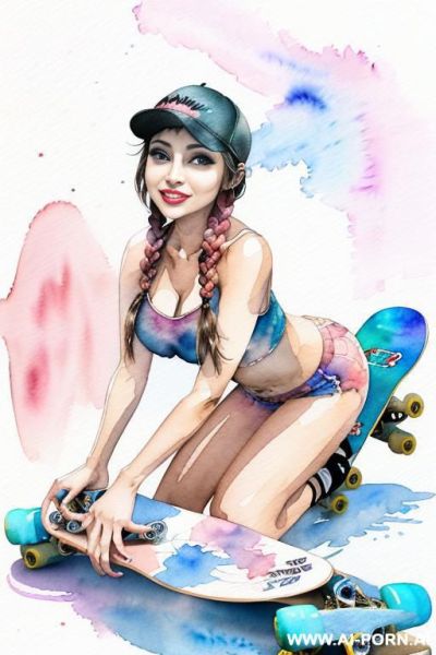 ((((skate board)))) ((((image comic-drawing watercolor style)))) ((((huge eyes)))) pretty japanese woman full lips smile bending over knees on , shorts fitted low-rise panties, muscle fit , braids - ai-porn.ai - Japan on pornintellect.com