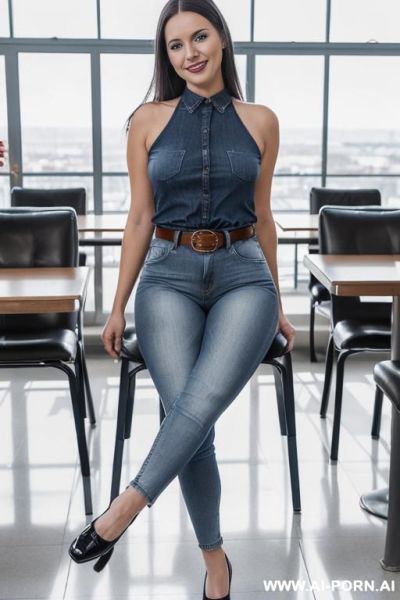 Straight blue jeans, belt, oxford shoes, ((view from the ground)), spread legs - ai-porn.ai on pornintellect.com