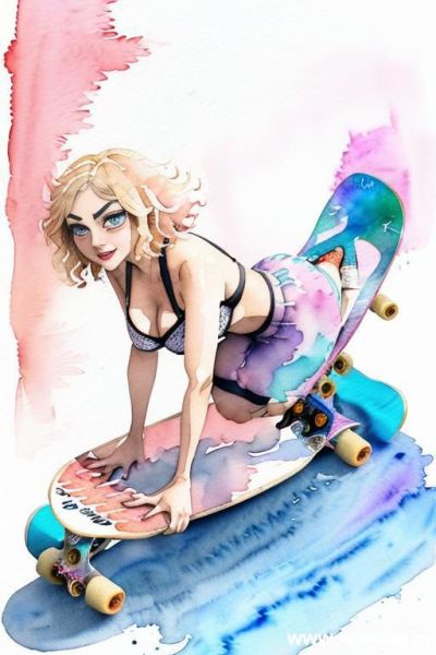 ((((skate board)))) ((((image comic-drawing watercolor style)))) ((((huge eyes)))) ((((huge tits)))) pretty japanese woman full lips smile bending over knees on , shorts yoga pants low-rise panties, - ai-porn.ai - Japan on pornintellect.com