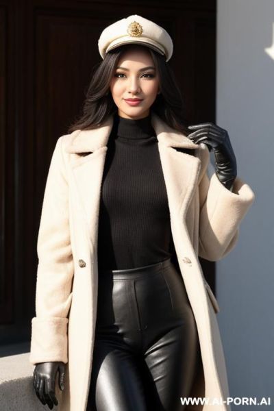 Perfect image, attractive, realistic, uzbek, portugese, womanly hip size, straight wavy right part swept, smle, vagina, stout, body view, taper, front view, wear cap, stockngs, coat, gloves, correct posture, best pic. - ai-porn.ai - Uzbekistan on pornintellect.com