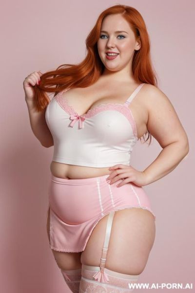 (((half body photo shot close up photo))). a (british obese fat bbw redhead), ((thick body, with tummy and love handless)). (wearing a lingerie garter belt top.) - ai-porn.ai - Britain on pornintellect.com