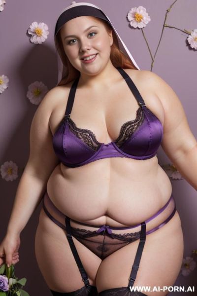Half body photo shot close up. a ((british obese fat bbw redhead)), ((thick with love handless)). ((wearing a violet bright sexy and hot ((nun)) garter belt bride lingerie of flowers, and a silk micro-skirt)). she is smiling, anklet heart - ai-porn.ai - Britain on pornintellect.com