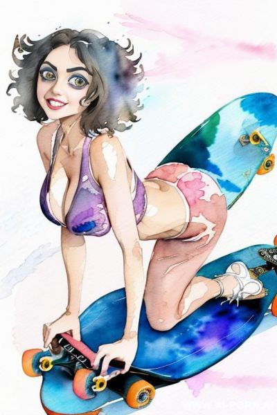 ((((skate board)))) ((((image comic-drawing watercolor style)))) ((((huge eyes)))) ((((huge tits)))) pretty japanese woman full lips smile bending over knees on , shorts leggins low-rise panties, muscle - ai-porn.ai - Japan on pornintellect.com