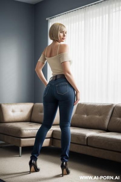 Milf, straight blue jeans, belt, beige top, oxtord shoes, ((view from the ground)), lean, ((extra low angle)), twerking, ((show her ass)) - ai-porn.ai on pornintellect.com