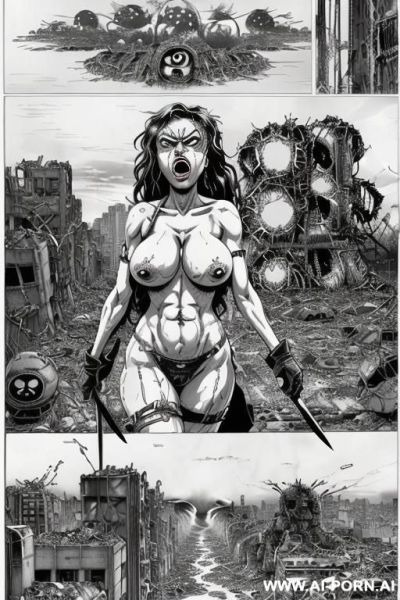 ((((image comic-drawing cartoon style)))) ((((huge eyes)))) ((((huge tits)))) ((((screaming)))) pretty japanese woman ((((apocalyptic city)))) , ((((atomic bomb explosions landscape)))) , horizont looking , - ai-porn.ai - Japan on pornintellect.com
